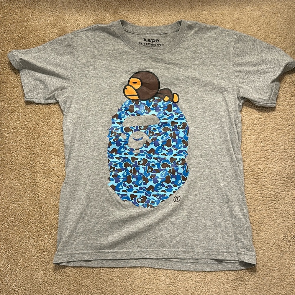 Bape Aape Gray Tee with Blue Camo Ape Head Graphic
